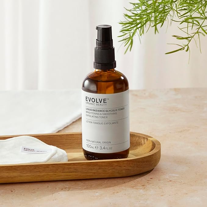 Evolve Organic Beauty - Liquid Radiance Glycolic Toner | Smoothe, Hydrate, Tone, Exfoliate | Malic + Citric Acid, Galactoarabian | Small-Batch, Vegan Clean Beauty (3.4 fl oz | 100 mL) Package May Vary