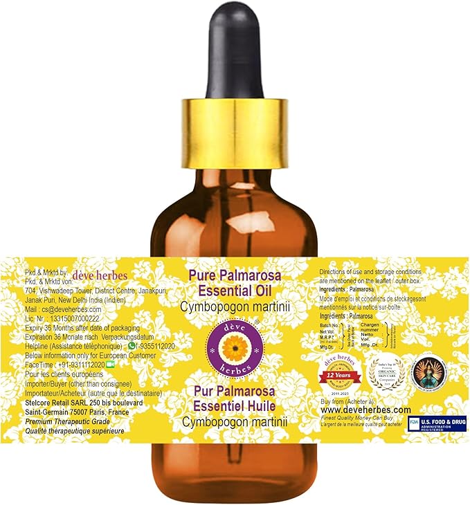 Deve Herbes Pure Palmarosa Essential Oil (Cymbopogon martinii) with Glass Dropper Steam Distilled (Pack of Two) 100ml X 2 (6.76 oz)