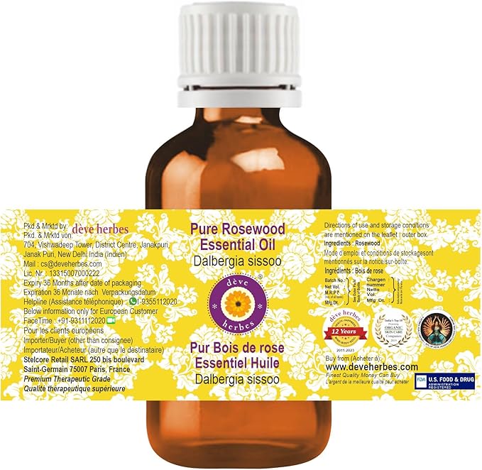 Deve Herbes Pure Rosewood Essential Oil (Dalbergia Sissoo) Steam Distilled 15ml (0.50 oz)