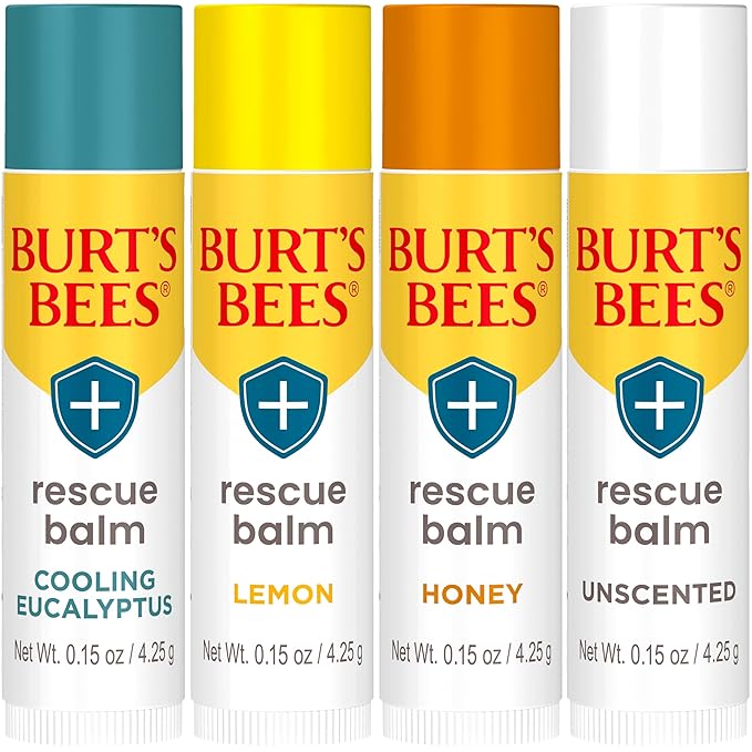 Burt's Bees 100% Natural Rescue Lip Balm, Cooling Eucalyptus, Lemon, Honey, Unscented, 4 Tubes
