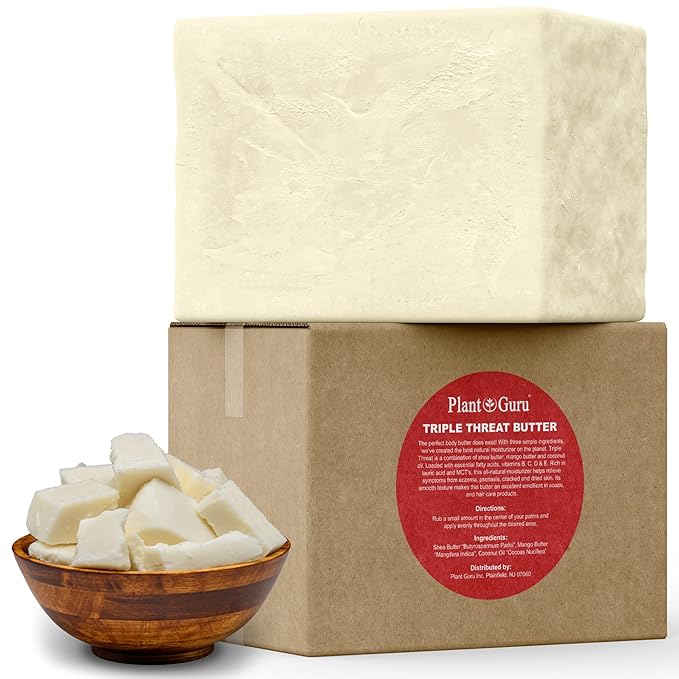 Plant Guru Triple Threat Body Butter 3 lbs. Bulk - Blend of Shea, Mango & Coconut Oil - 100% Pure Natural Raw Unrefined Moisturizer For Dry Skin, Face And Hair. Great For Lip Balm and Soap Making