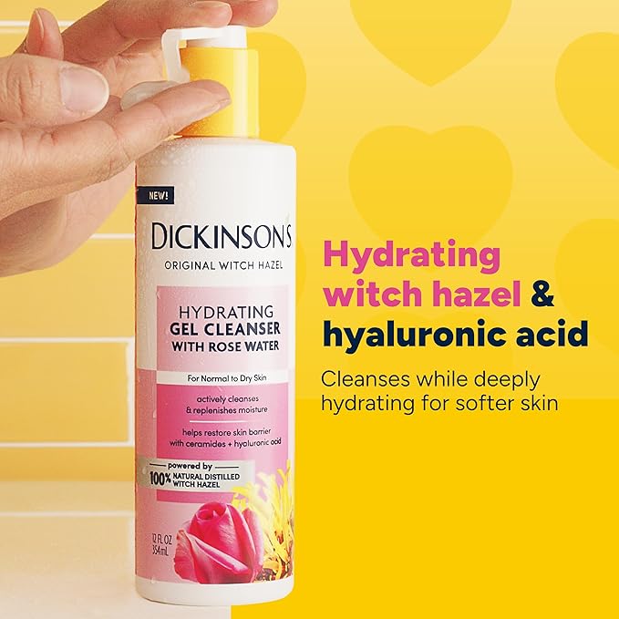 Dickinson's Original Witch Hazel Hydrating Gel Facial Cleanser with Rose Water, 12 Fl Oz, For Normal to Dry Skin, Hydrates and Nourishes Skin, Helps Calm Redness, Alcohol-Free Face Wash