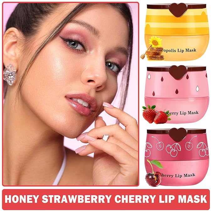 3PCS Bee Lip Balm Honey Pot Honey Strawberry Cherry Sleeping Lip Mask Silky Hydrating Bee Lip Balm Honey Lip Mask Overnight LipCare Products