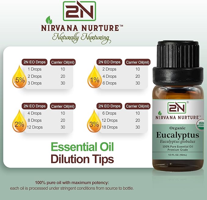 Eucalyptus Essential Oil, USDA Certified Organic, 100% Pure Undiluted, Aromatherapy Oil for Diffuser, Hair & Skin Care