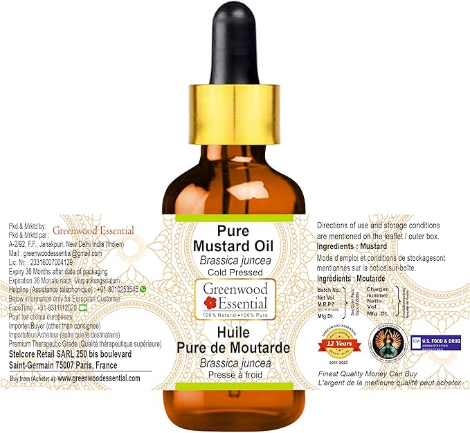 Greenwood Essential Mustard Oil (Brassica juncea) with Glass Dropper | Cold Pressed | Natural | Undiluted | For Diluting Essential Oils | For Skin & Massage | Men & Women | 15ml (0.50 oz)