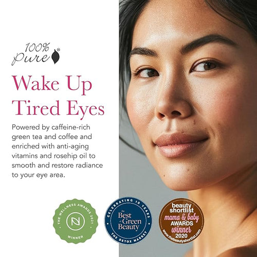 100% PURE Coffee Bean Caffeine Eye Cream Refresh & Hydrate Under Eye Treatment Reduce Puffiness, Dark Circles, Wrinkles with Green Tea, Rose Hip, Vitamin E - Youthful Vibrant Eyes - Vegan - 1 oz