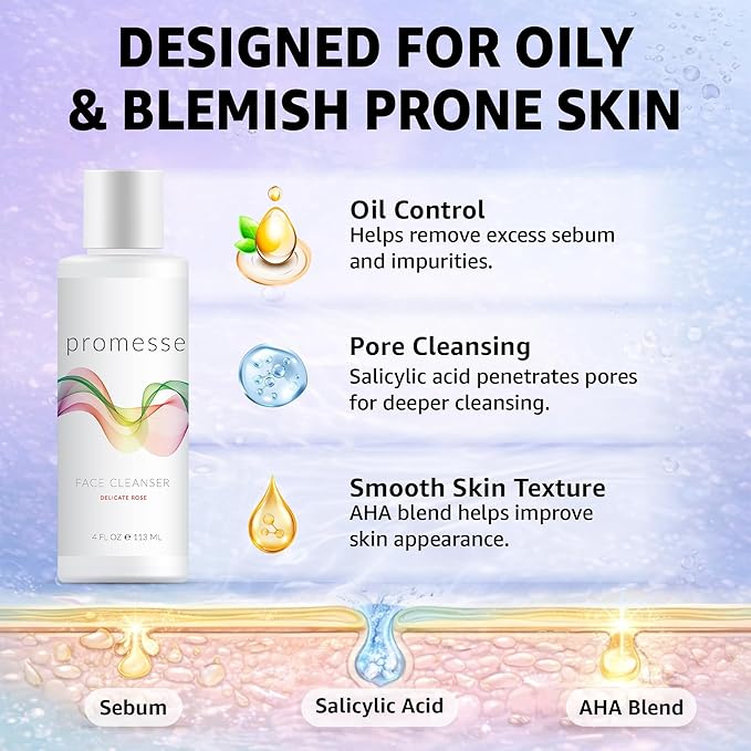 promesse Acne Control Facial Cleanser with Glycolic & Salicylic Acid | Anti-Aging Gentle Exfoliating Face Wash | Rose Scented Hydrating Cleanser with Natural Ingredients for Skin Wash - 4 fl oz