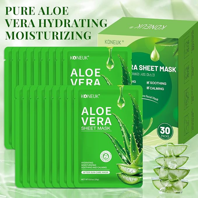 KONEUK 30 Pack Aloe Vera Hydrating Face Masks Skincare, Moisturizing & Soothing Sheet Face Mask for Skin Care, Bulk Aloe Face Masks for After Sun Care and Sunburn Relief