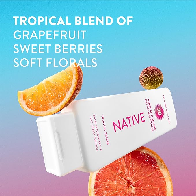Native Mineral Sunscreen Lotion SPF 30, Tropical Breeze Scent, with 100% Mineral Zinc Oxide for Face & Body, Hawaii Compliant, Vegan, No White Cast - 7 oz