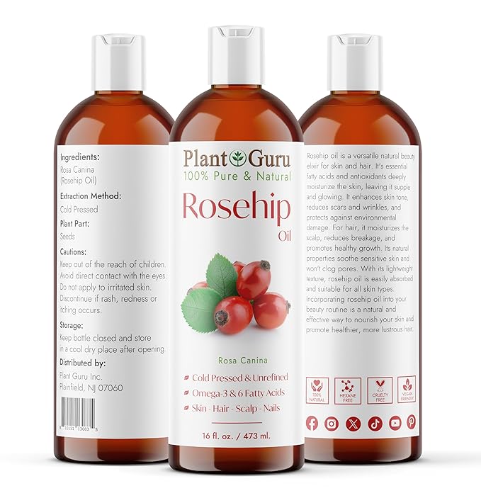 Plant Guru Rosehip Oil Unrefined 16 fl. oz. 100% Pure Cold Pressed – Nourishing for Skin, Hair, Scalp, and Nails – Hydrating, Moisturizing, and Rejuvenating.