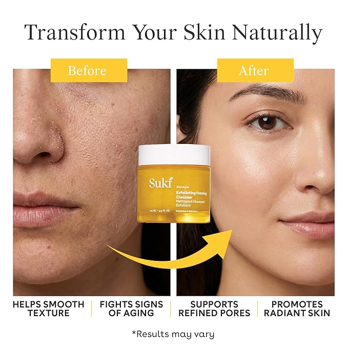 Suki Skincare Exfoliate Foaming Cleanser - With Natural Sugar & Colloidal Oat - Facial Exfoliator & Mechanical Exfoliant that Reduces Dry Skin Buildup While Promoting Radiant, Smooth, Soft Skin - 4 oz
