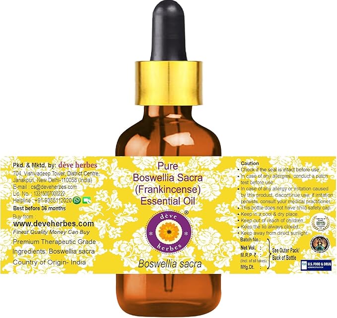 dève herbes Boswellia Sacra (Frankincense) Essential Oil (Boswellia Sacra) with Glass Dropper | Pure | Non-Greasy | Lightweight | Men & Women | All Skin Types | Steam Distilled 10ml (0.33 oz)