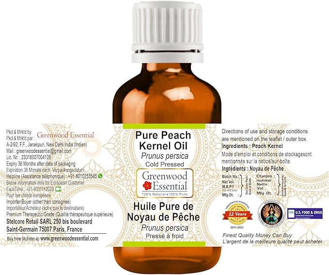 Greenwood Essential Pure Peach Kernel Oil (Prunus persica) Cold Pressed 5ml (0.16 oz)