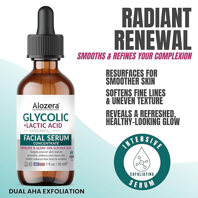 Alozera AHA Serum for Face with Glycolic Acid & Lactic Acid, AHA Exfoliating & Pore Refining Treatment Serum for Smoother, Renewed Skin, Helps Improve Skin Texture, Night Time Serum