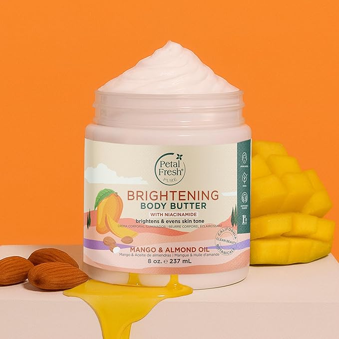 Petal Fresh Pure Brightening Mango & Almond Oil Body Butter with Niacinamide, Shea Butter, Promotes Collagen, For All Skin Types, Vegan and Cruelty Free, Non-Greasy, 8 oz – MADE IN USA