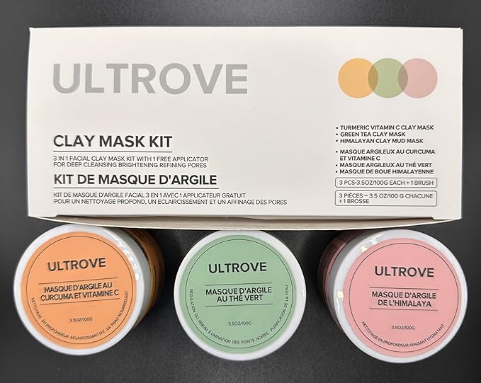 3-in-1 Clay Mask Set for Face | Green Tea, Turmeric Vitamin C & Himalayan Pink Clay | Deep Cleansing, Pore Refining, Moisturizing Facial Mask Kit (3.5oz Each) + Silicone Brush