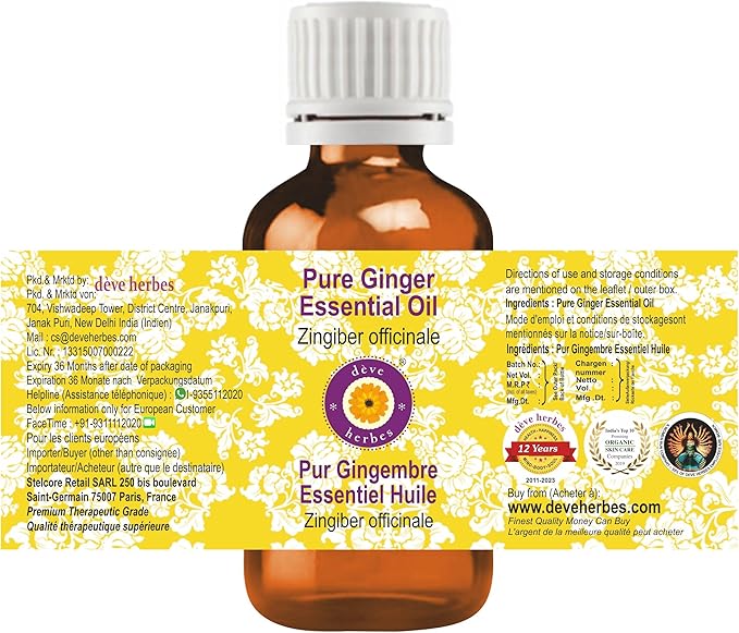 Deve Herbes Pure Ginger Essential Oil (Zingiber officinale) Steam Distilled 15ml (0.50 oz)