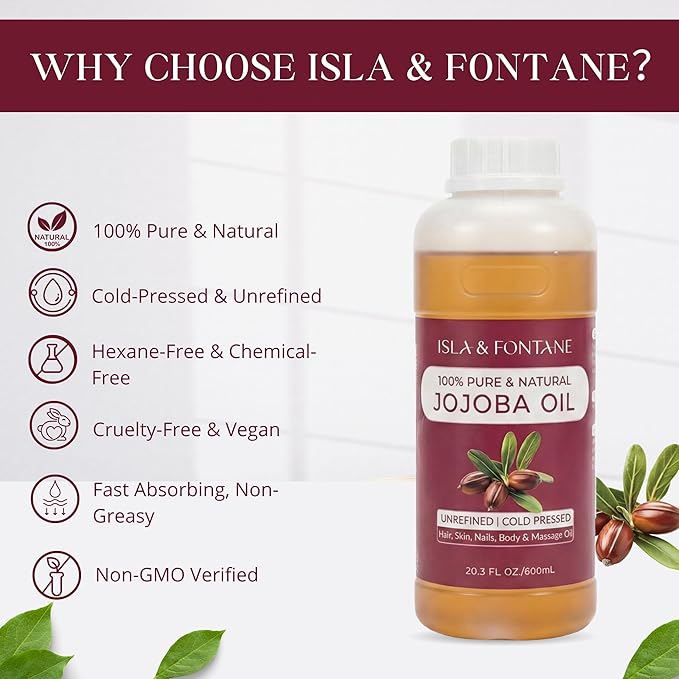 ISLA & FONTANE Jojoba Oil – 600ml (20 fl oz) | 100% Pure & Natural | Golden, Unrefined, Cold Pressed | Hexane-Free Carrier Oil for Skin, Hair, Face, Nails & Body Moisturizing
