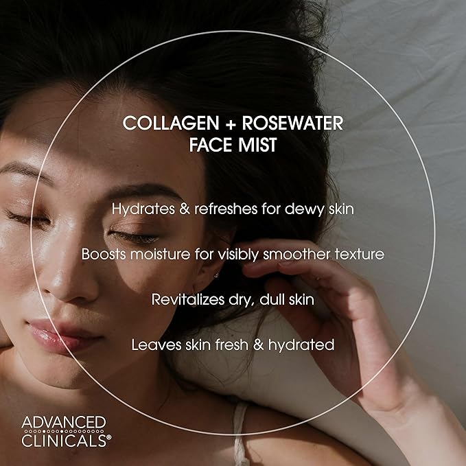 Advanced Clinicals Collagen Rosewater Face Mist Skin Care Reviving & Hydrating Facial Mist for Face | Instant Hydration Face Spray Toner with Pure Rose Water, Collagen, & Natural Extracts, 7.5 Fl Oz