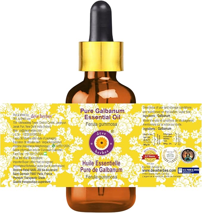 Deve Herbes Pure Galbanum Essential Oil (Ferula gummosa) with Glass Dropper Steam Distilled (Pack of Two) 100ml X 2 (6.76 oz)