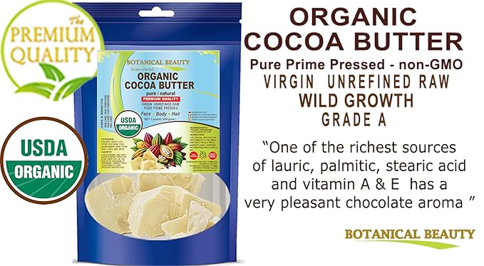 Botanical Beauty Organic COCOA BUTTER WILD GROWTH RAW VIRGIN UNREFINED from BRAZIL for Face, Skin, Hair, Body, Nails 1LB 454 gram. Rich in Vitamin E