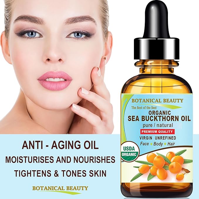 Botanical Beauty Certified Organic SEA BUCKTHORN OIL 100% Pure Natural Virgin Unrefined Cold-Pressed Carrier Oil for Face, Skin, Damaged Hair, Nails, Anti-Aging 0.33 Fl Oz - 10 ml