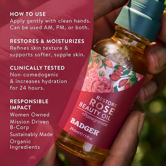 Badger Rose Face Cleansing Oil, Organic Facial Oil Cleanser & Makeup Remover, Oil Cleansing Method, Non-Greasy Moisturizing Skin Balancing Gentle Face Cleanser w/Pure Rose Oil, 2 fl oz Glass Bottle