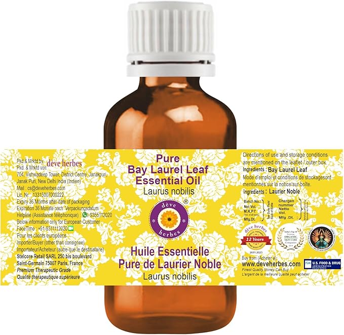 Deve Herbes Pure Bay Laurel Leaf Essential Oil (Laurus nobilis) Steam Distilled 15ml (0.50 oz)