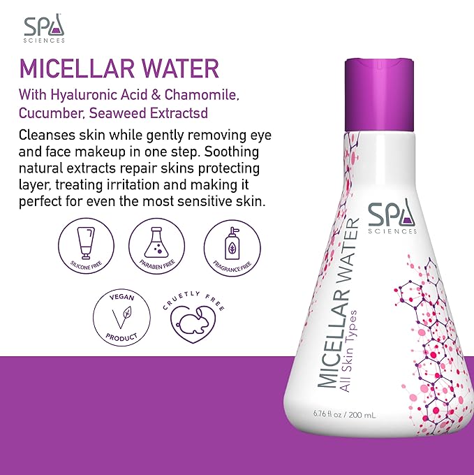 SPA SCIENCES - Micellar Water - Made in the USA - With Hyaluronic Acid & Chamomile, Cucumber, Seaweed Extracts - Soothe, Cleanse, Protect - Vegan - For All Skin Types - 6.76oz