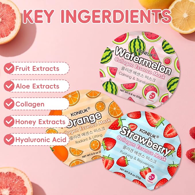 KONEUK 6 Pack Colorful Fruit Face Masks Skincare, Sheet Hydrating Face Mask, Collagen Facial Mask for Skin Care, Mothers Day Gifts for Mom, Bulk Teacher Gifts, Nurse Gifts and Spa Party Gifts