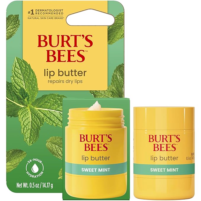 Burt's Bees Sweet Mint Lip Butter, Repairs Dry Lips, 24 Hour Hydration, Locks in Moisture, Includes Shea and Mango Butters, Antioxidant Rich Vitamin E, Convenient Twist Up Dispenser, 0.5 Oz.