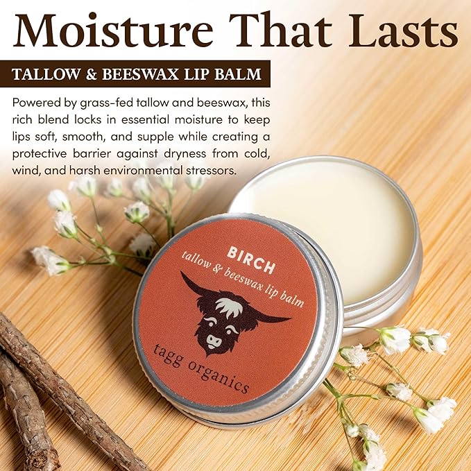 Birch Tallow Lip Balm – Certified Organic Grass-Fed Tallow, Deep Conditioning for Dry, Chapped Lips, Metal Tin Packaging, 0.5 oz