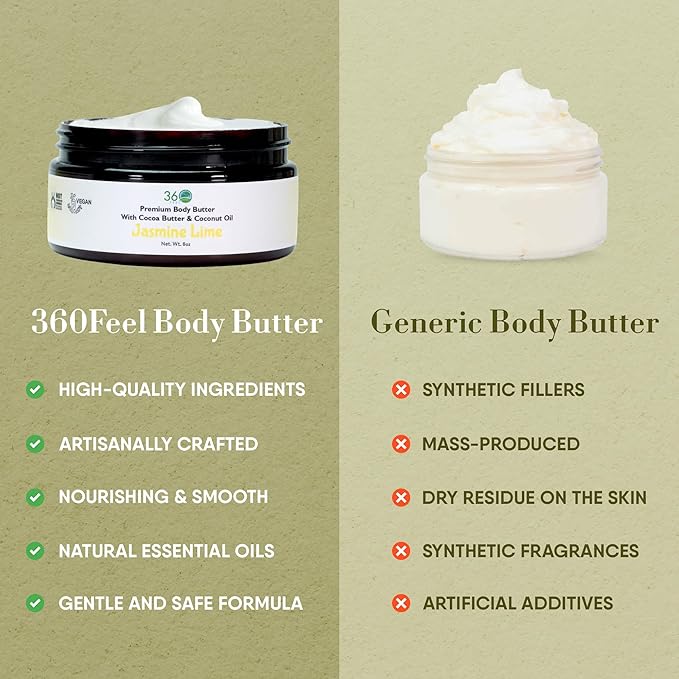 360Feel Jasmine Lime Body Butter - Nourishing and Hydrating Shea Body Butter with a Gentle Formula - Handmade with Essential Oils - Creamy Formula for Daily Use - Zero Harsh Additives - 8 Ounce