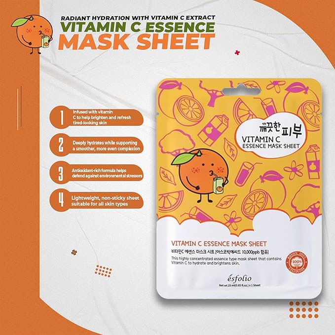 esfolio Vitamin C Essence Mask Sheet – Hydrating Face Mask, Antioxidant-Rich Korean Skincare for Radiant & Glowing Skin, Deep Moisturizing Sheet Mask for All Skin Types (Pack of 10)