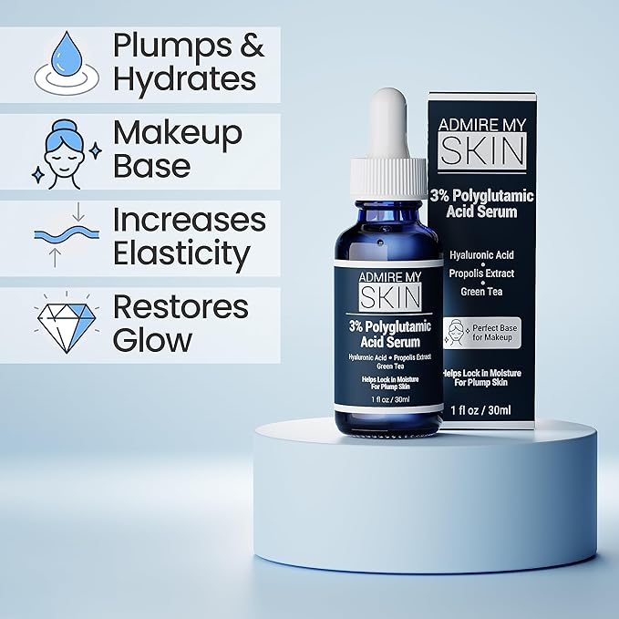 Admire My Skin Organic Polyglutamic Acid Facial Serum - Powerful Hydration & Anti Aging + Hyaluronic Acid + Propolis 1oz (Pack of 2)