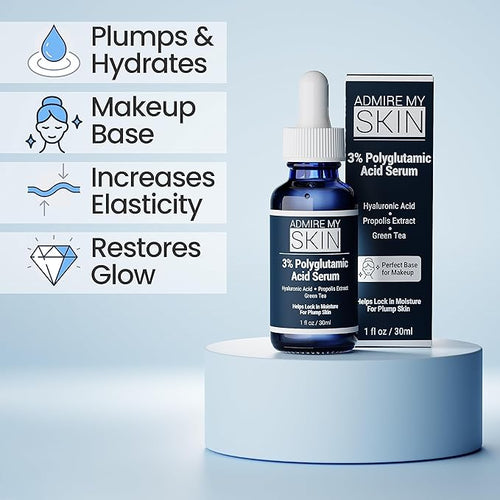 Admire My Skin Organic Polyglutamic Acid Facial Serum - Powerful Hydration & Anti Aging + Hyaluronic Acid + Propolis 1oz (Pack of 2)