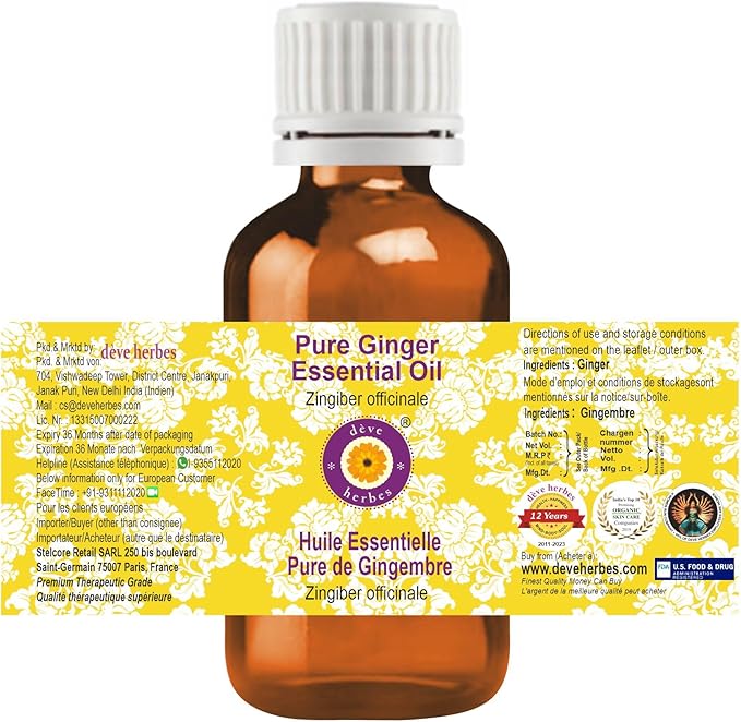 Deve Herbes Pure Ginger Essential Oil (Zingiber officinale) Steam Distilled 10ml (0.33 oz)