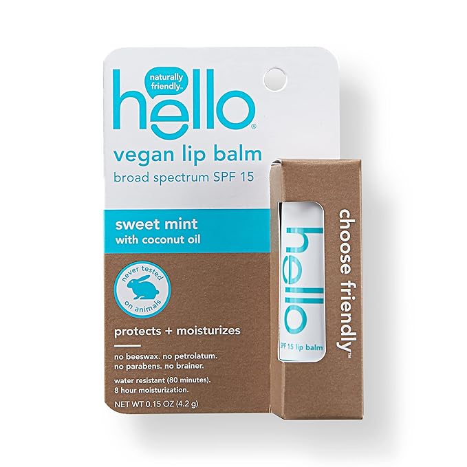 Hello Moisturizing Vegan Lip Balm SPF 15, Sweet Mint with Coconut Oil, Beeswax Free, Petrolatum Free, and Parabens Free, 0.15 Ounce
