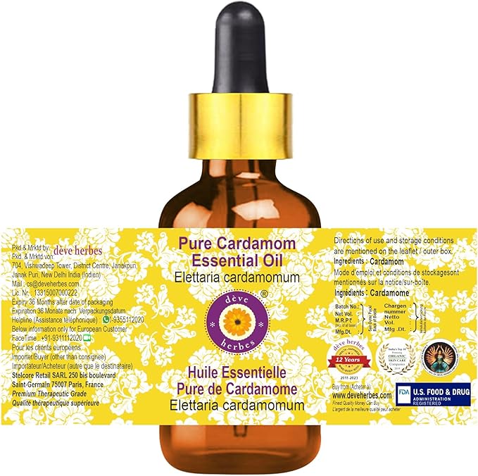 Deve Herbes Pure Cardamom Essential Oil (Elettaria cardamomum) with Glass Dropper Steam Distilled (Pack of Three) 100ml X 3 (10 oz)
