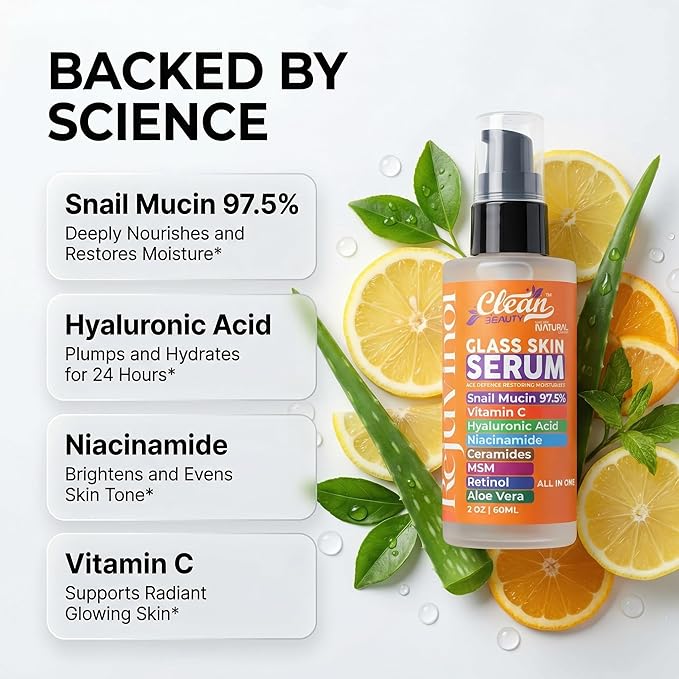 Clean Beauty Snail Mucin Serum Vitamin C Face Serum Anti Aging with Hyaluronic Acid Niacinamide Retinol MSM Aloe Vera & Ceramides, Korean Skin Care Dark Spot Remover for Glowing Skin Beauty, Pack of 1