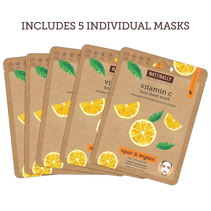 Naturally - Brightening Vitamin C Infused Sheet Masks – Improve Skin Texture & reduce wrinkles, Brightening Face Mask Set, 5 Sheet Masks Included