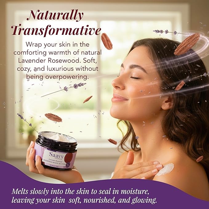 Saavy Naturals Whipped Body Butter - Made with Organic Shea Butter, Essential Body Care & Dry Skin Moisturizer for Women, Velvety Rich Cream Texture, Naturally Scented - Lavender Rosewood, 4 oz
