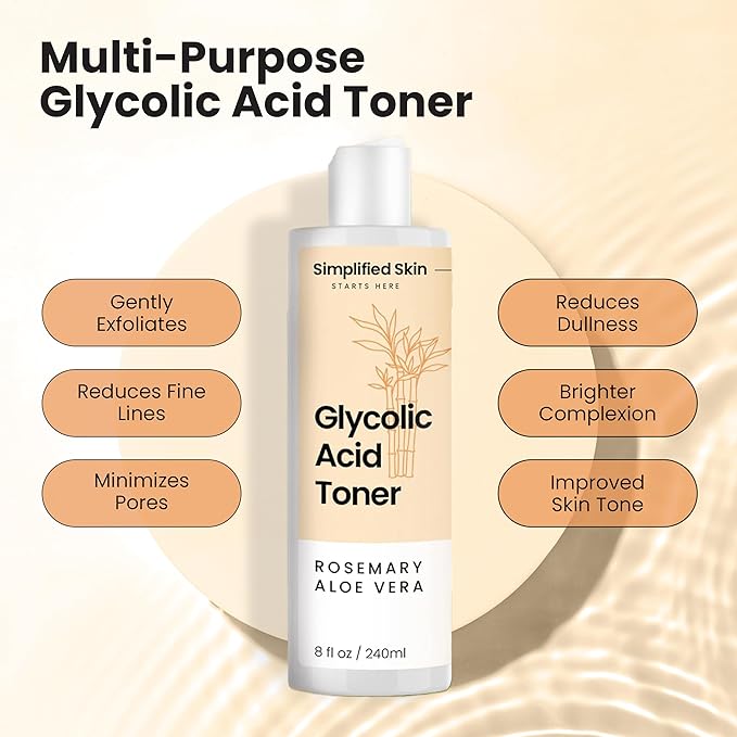 Simplified Skin Rose Water Face and Hair Toner, USDA Organic Facial Mist 4 Oz and Glycolic Acid Toner for Hydrating, Anti-Aging Skin 8 Oz