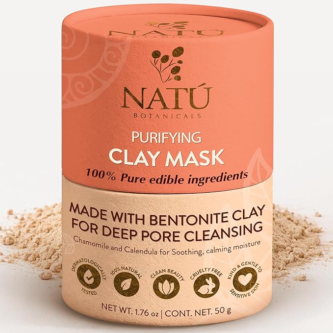 NATÚ BOTANICALS Purifying Bentonite Clay Mask – Deep Pore Cleansing, Clarifying & Soothing Formula for Oily & Combination Skin – Natural, Vegan & Cruelty-Free