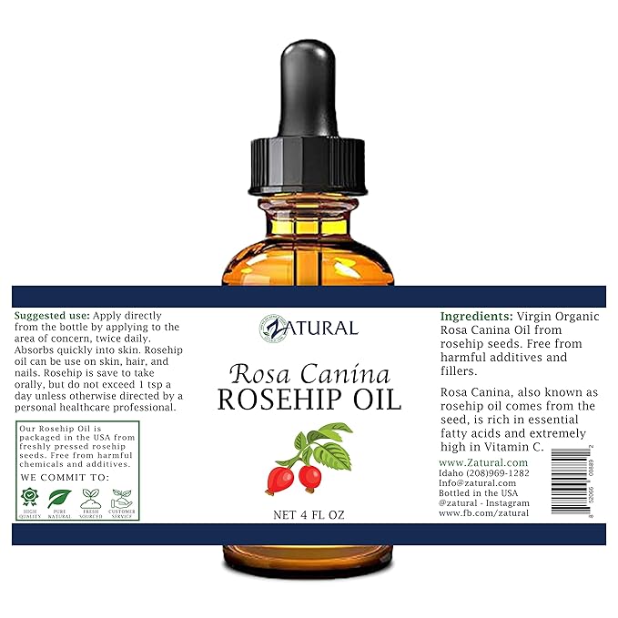 Zatural ROSA CANINA - Organic Rosehip Oil for Face, Nails, Hair and Skin - Cold Pressed Rose Hip Oil (4 oz)