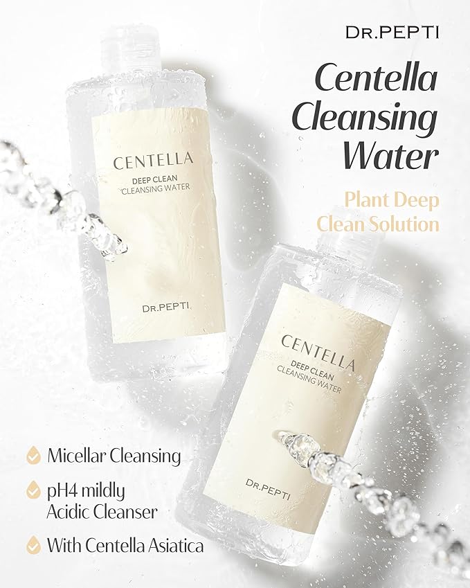 dr.pepti Centella Micellar Cleansing Water – Tear-Free Face & Eye Makeup Remover for Sensitive Dry Skin – Low pH, No-Rinse Formula with 6 Peptides, LHA & Apple Amino Acids, 13.5 fl oz