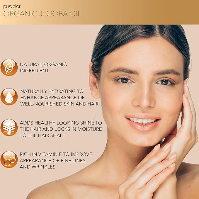 PURA D'OR 4 Oz Organic Jojoba Oil - USDA Certified - 100% Pure & Natural Moisturizer - Cold Pressed, Unrefined, Hexane Free Base Carrier Oil For DIY Skin Care, Hair, Body, Hair Relaxer, Face & Nails