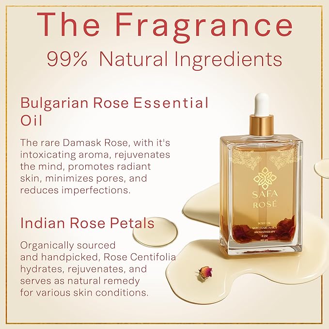 SAFA Rosé Oil - Organic Rose Essential Oil for Face, Body, Hair, Nails & Aromatherapy | After Shower Body Oil | Skin Moisturizer - Natural Scented Perfume for Women - 4 Fl Oz