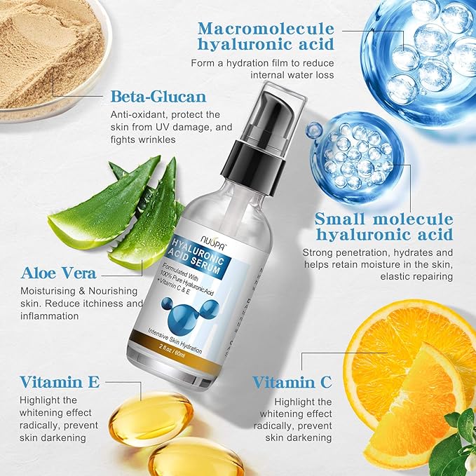 100% Pure Hyaluronic Acid Serum for Face Neck Body with Vitamin C Vitamin E for Skincare Hydrate, Moisturizer, Plump Skin, Reduce Wrinkles, Anti Aging Serum, 2 Oz
