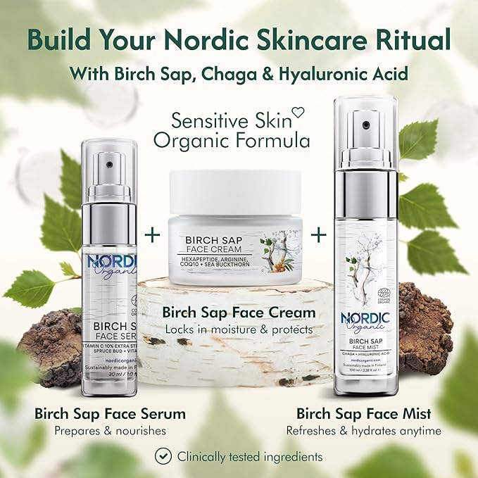 Birch Sap Face Mist – COSMOS Certified Organic Formula with Hyaluronic Acid & Chaga Mushroom, Fragrance Free, Made in Finland 3.38 oz (100 ml), 1 Bottle